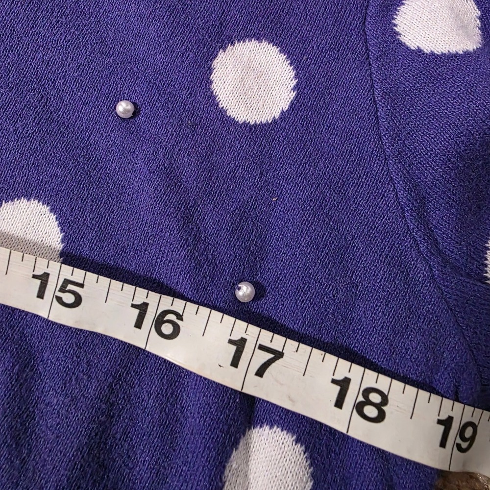 Quaker Factory Purple Polka Dot Cardigan Sweater Short Sleeve‎ Pearl Embellished - Picture 8 of 8